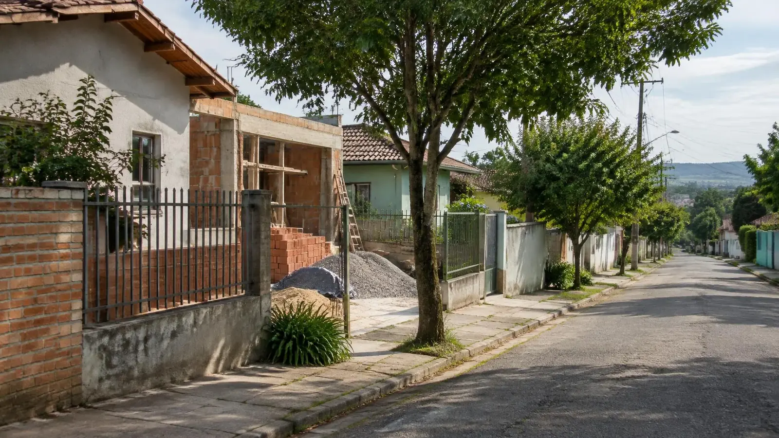 Ilustração por IA: Rua residencial com árvores e casa em reforma atrás de grade.