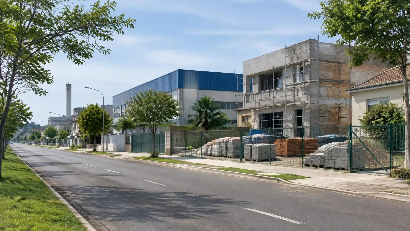 Ilustração por IA: Avenida com galpão, construção de alvenaria e materiais separados.