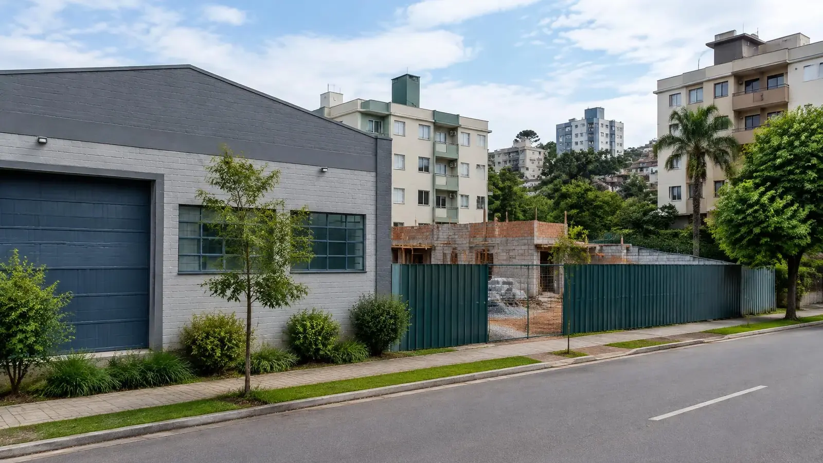 Ilustração por IA: Galpão, edifícios residenciais e construção atrás de cerca metálica.