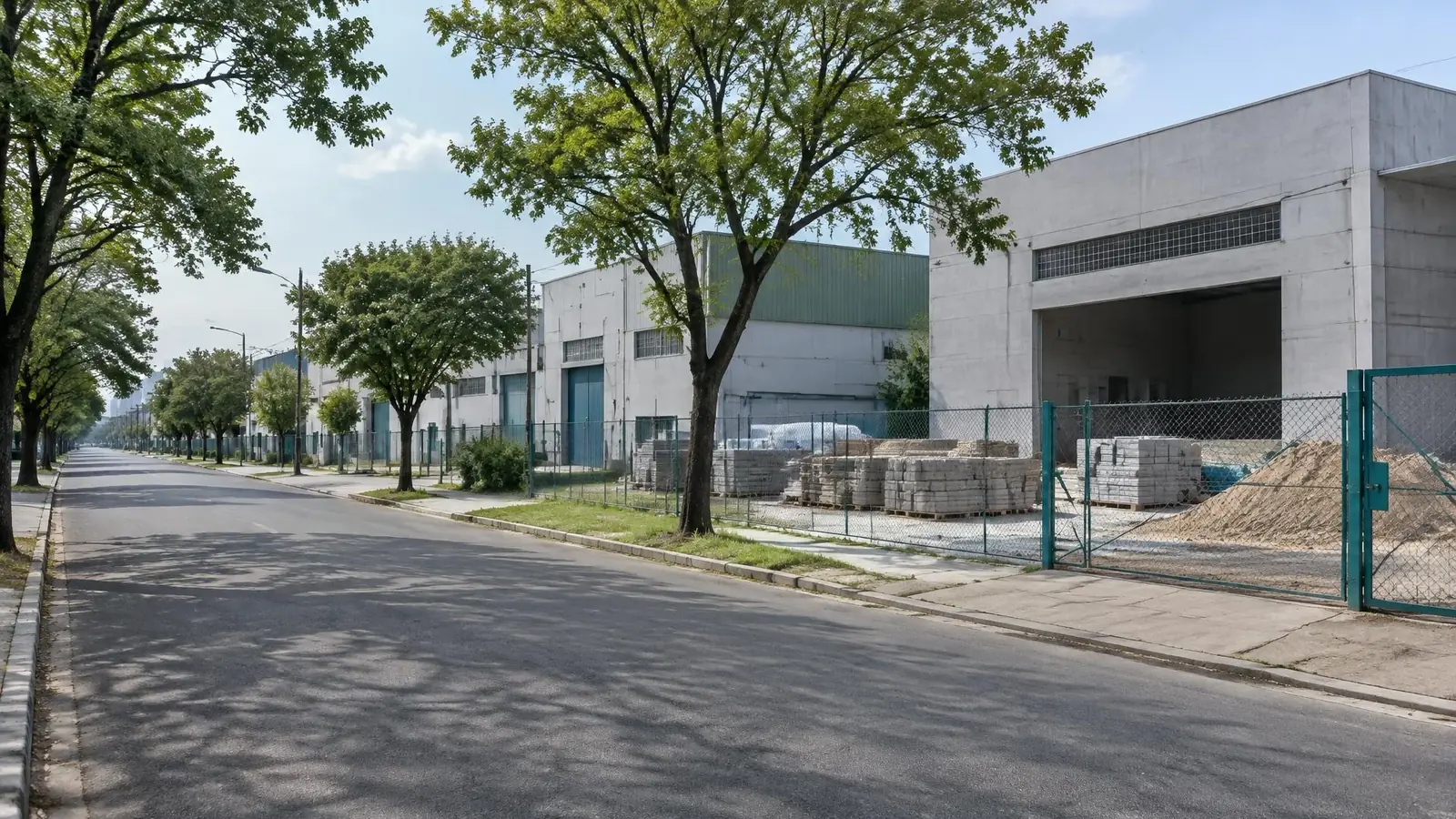 Ilustração por IA: Rua ampla arborizada com galpões e materiais organizados em área cercada.