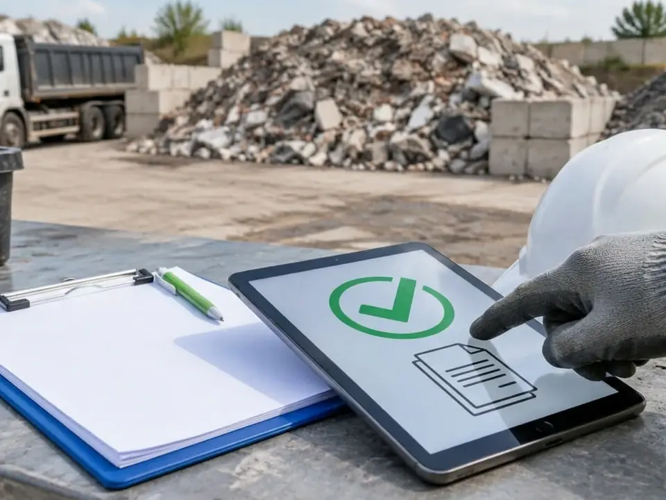 Ilustração por IA: Mão com luva apontando para símbolo verde de confirmação e documento em tablet, com prancheta e resíduos minerais ao fundo.