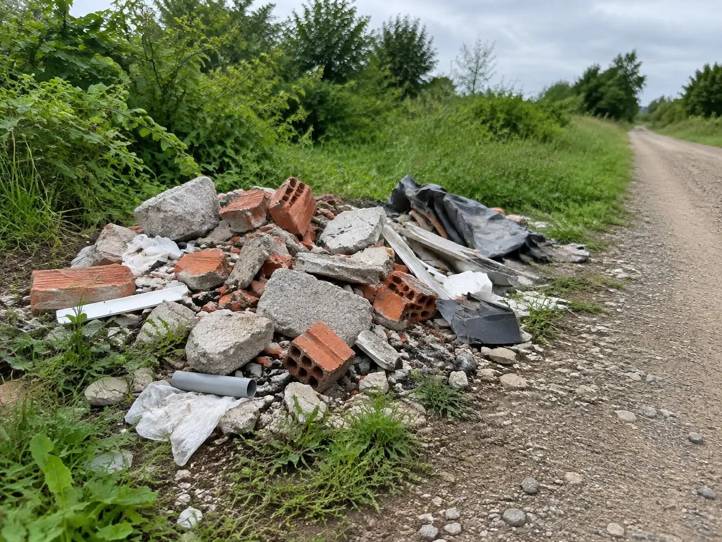 Ilustração por IA: Entulho com fragmentos de concreto, tijolos e plástico junto à vegetação na margem de estrada de terra.