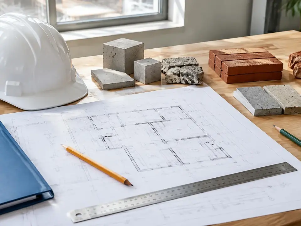 Ilustração por IA de planta de obra, capacete branco, régua, lápis e amostras de materiais sobre uma mesa.